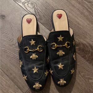 Gucci Black Mules with Gold Stars and Bee Embellishments